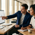 UK professionals reviewing a digital workplace intranet dashboard