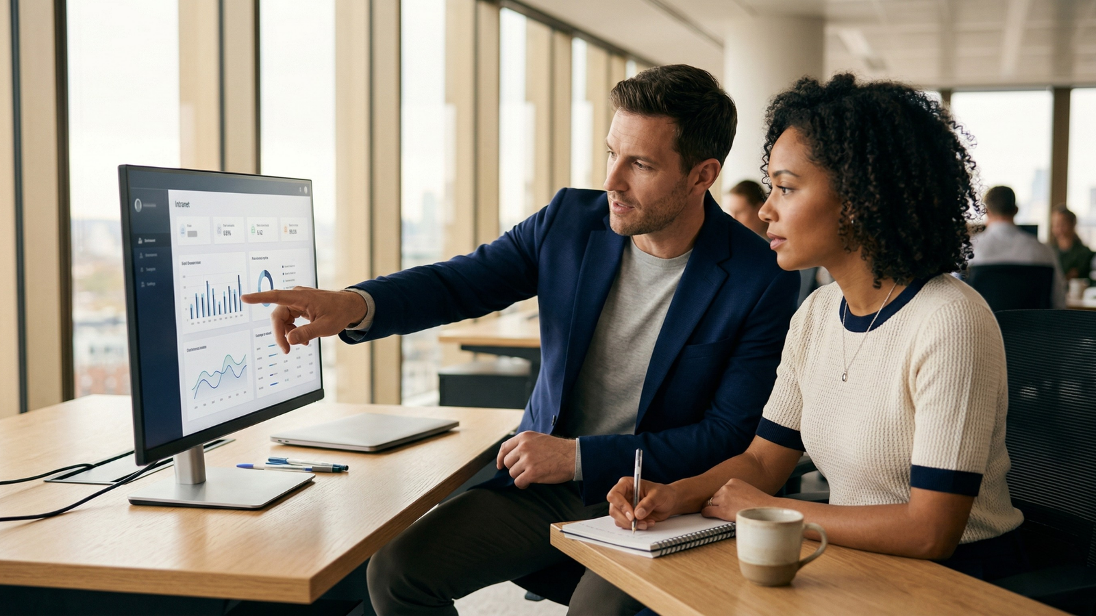 UK professionals reviewing a digital workplace intranet dashboard