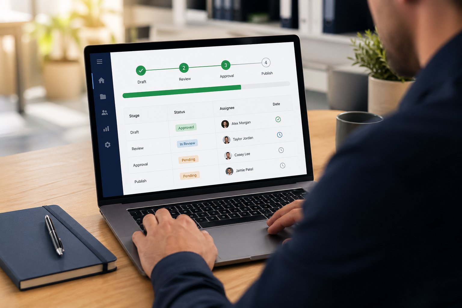 Business process automation software dashboard showing workflow approval stages for UK businesses