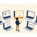 UK business decision-maker reviewing 7 intranet software options on floating laptop screens, with the best-fit platform highlighted in gold