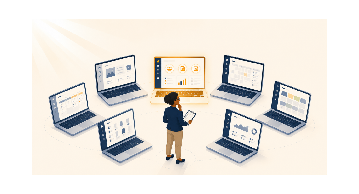 UK business decision-maker reviewing 7 intranet software options on floating laptop screens, with the best-fit platform highlighted in gold