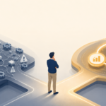UK business decision-maker at a fork between a tangled SharePoint architecture and a unified Claromentis digital workplace, with the Claromentis path glowing in gold