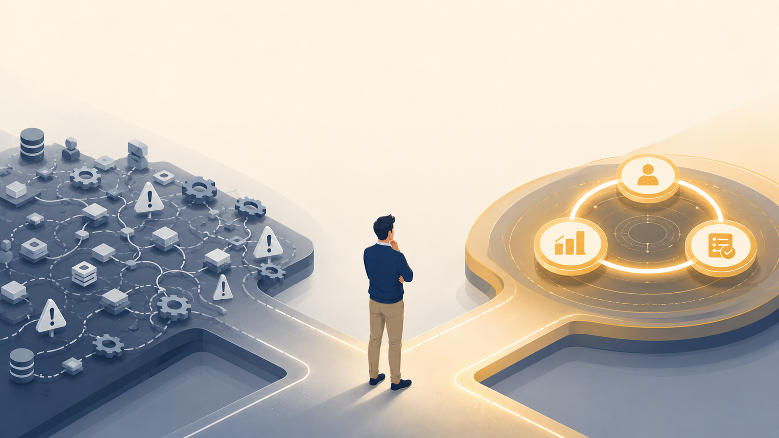 UK business decision-maker at a fork between a tangled SharePoint architecture and a unified Claromentis digital workplace, with the Claromentis path glowing in gold