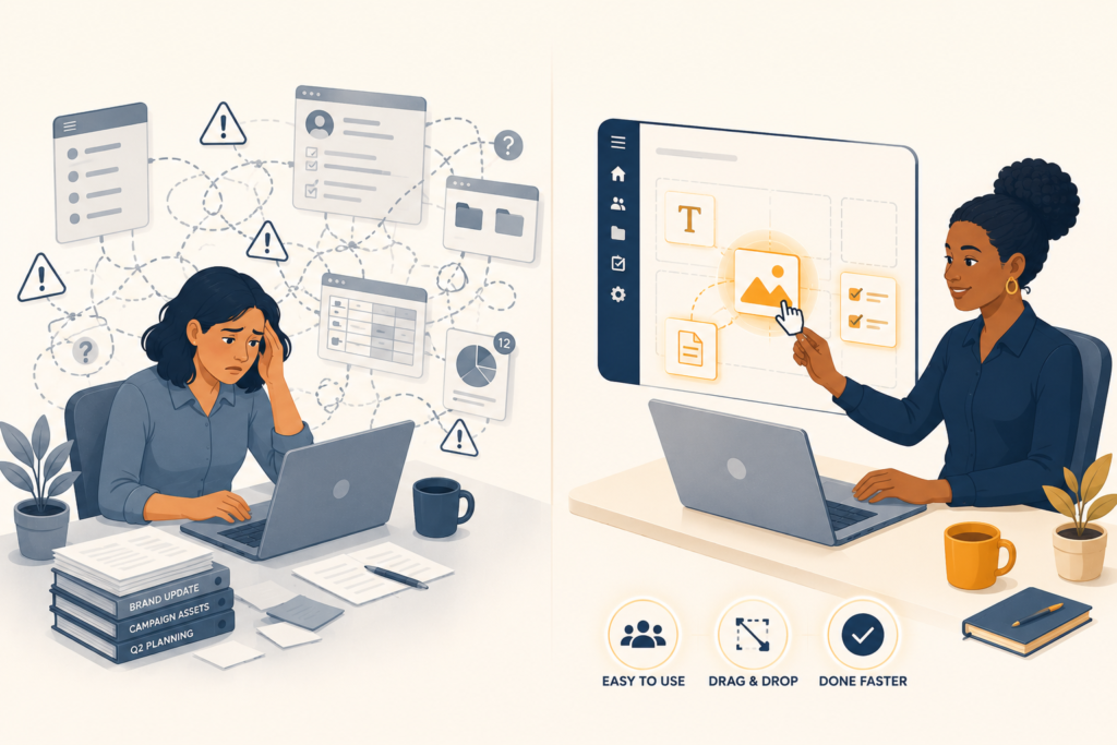 Split illustration showing a stressed marketing manager wrestling with complex SharePoint menus on the left and a relaxed HR coordinator using Claromentis drag-and-drop interface on the right