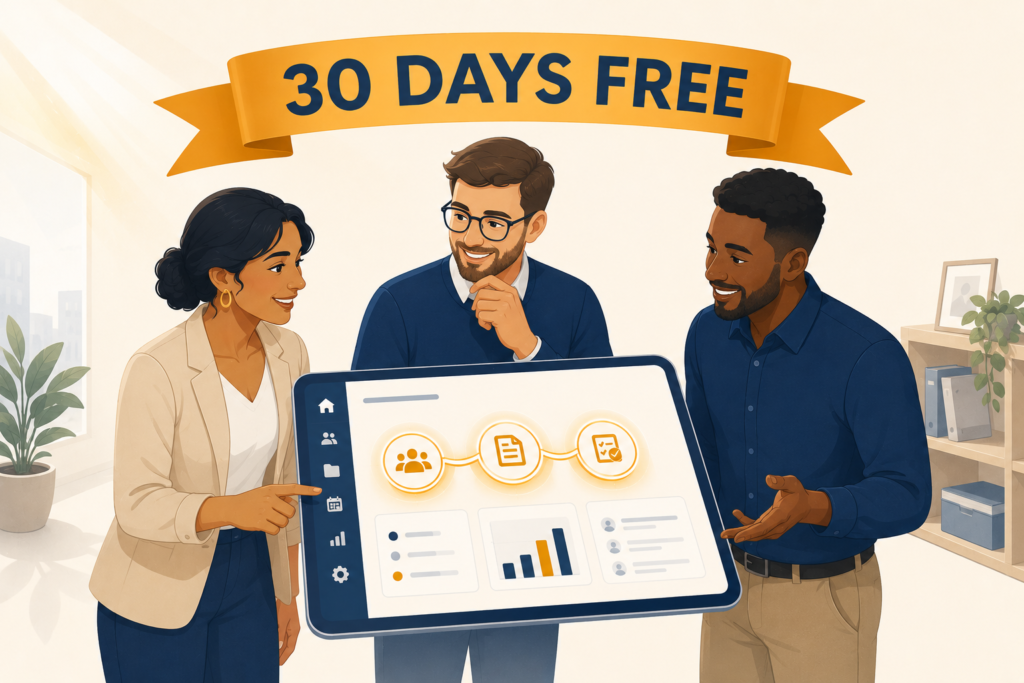 Three diverse UK business professionals exploring a free 30-day Claromentis demo playground on a floating tablet showing intranet, business process automation, and learning management modules