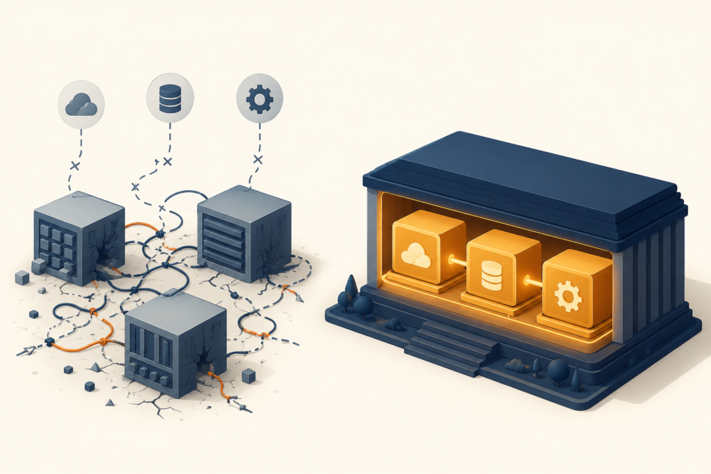 Architecture comparison showing three disconnected vendors with tangled integrations on the left versus one unified intranet platform combining intranet, business process automation, and learning management on the right