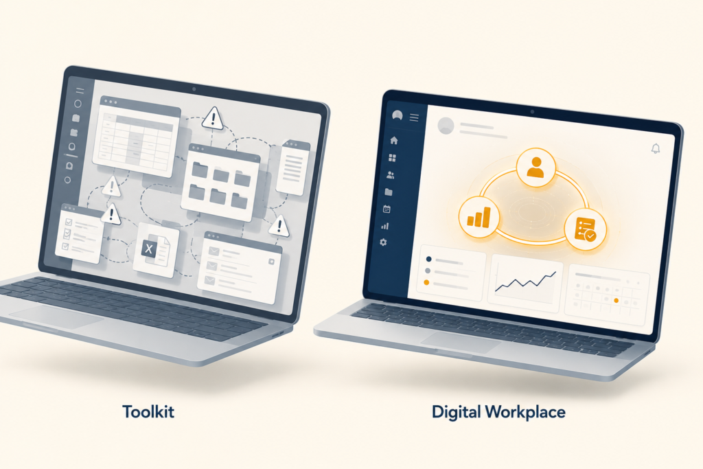 Two laptop screens side by side comparing SharePoint as a fragmented toolkit on the left versus Claromentis as a unified digital workplace with three connected modules on the right