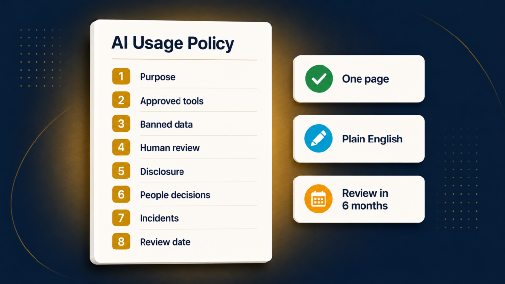 One-page AI usage policy skeleton for a UK SME showing eight numbered sections from approved tools to review date