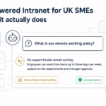 AI-powered intranet for a UK SME shown as a staff question answered from the company’s own content with a cited source and a permission badge