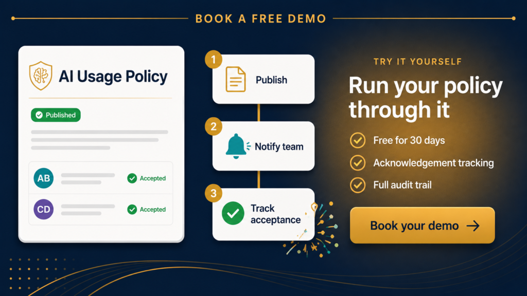 Invitation to try a free 30-day Claromentis demo playground with the AI Policy Manager live for publishing and tracking an AI usage policy