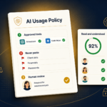 AI usage policy for a UK SME shown as a one-page document with approved tools, banned data and acknowledgement tracking