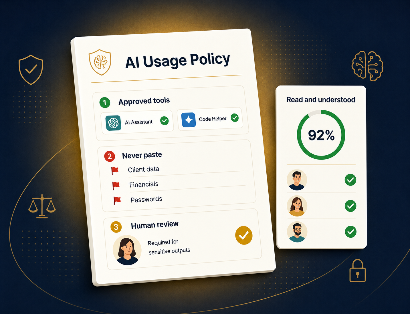 AI usage policy for a UK SME shown as a one-page document with approved tools, banned data and acknowledgement tracking