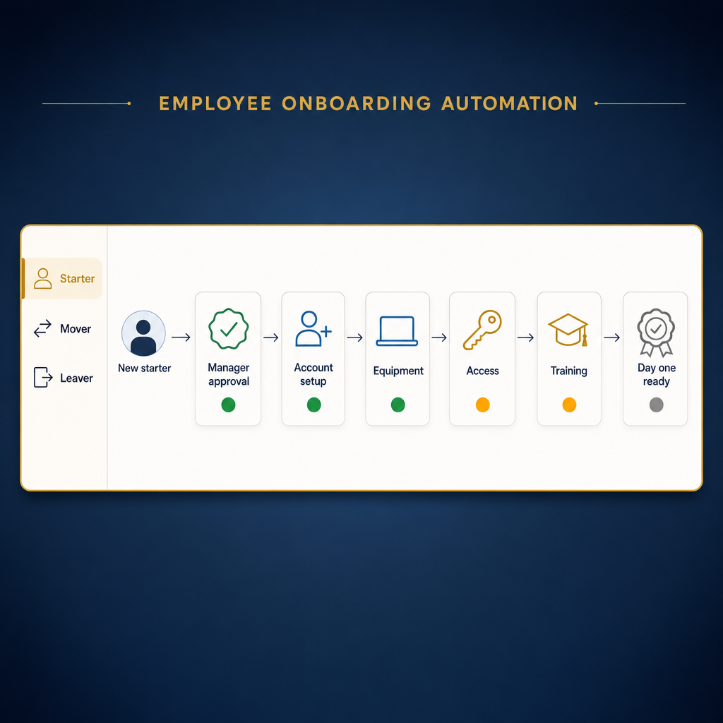 Employee onboarding workflow board for a UK SME showing a new starter moving through manager approval, account setup, equipment, access and training to day one ready