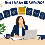 UK business decision-maker comparing seven LMS platforms on floating screens, with the best-fit option highlighted in gold