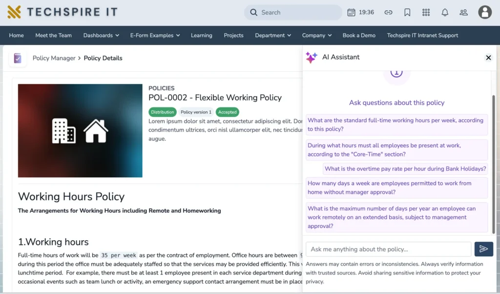 The Claromentis AI Policy Assistant answering staff questions from a company policy
