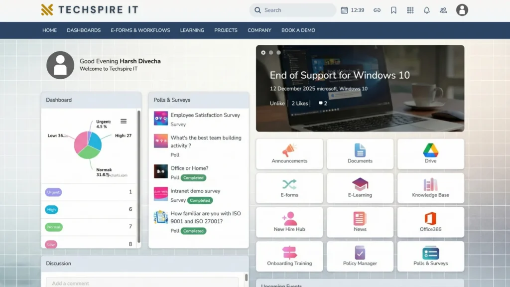 A Techspire IT Claromentis intranet dashboard with polls, news, documents and app tiles