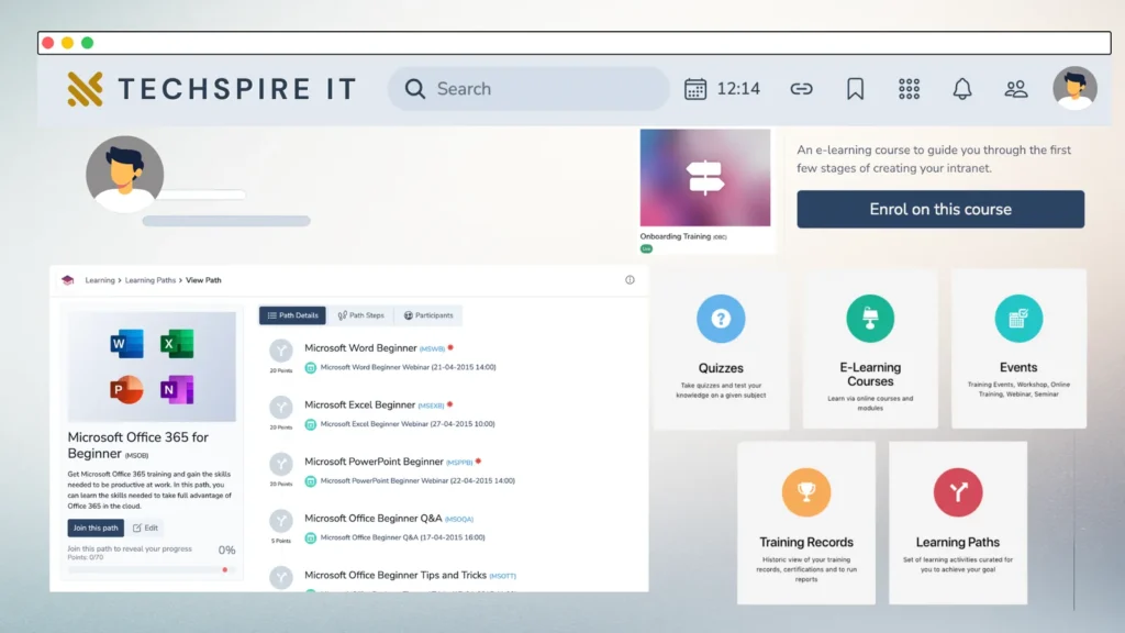 A Claromentis Learning management dashboard with quizzes, courses and training records