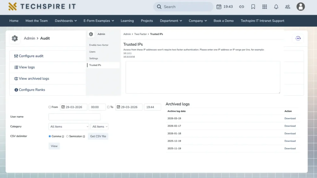 The Claromentis audit and two-factor security screen with access logs and trusted IPs