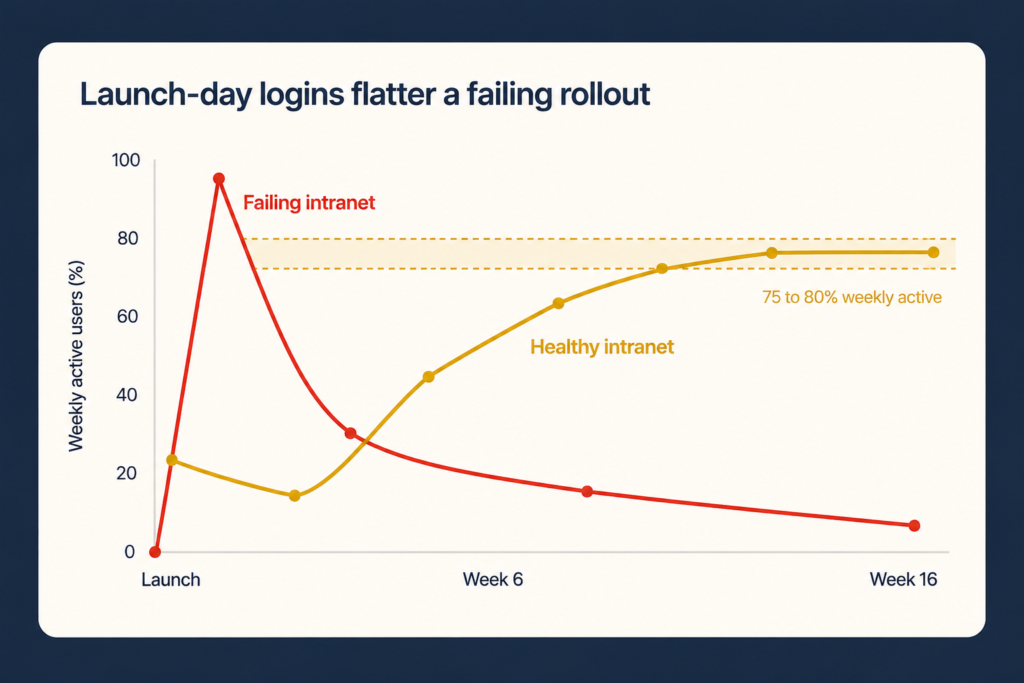 Line chart contrasting a failing intranet (usage spikes at launch then falls) with a healthy one that climbs to a 75 to 80% weekly-active plateau.