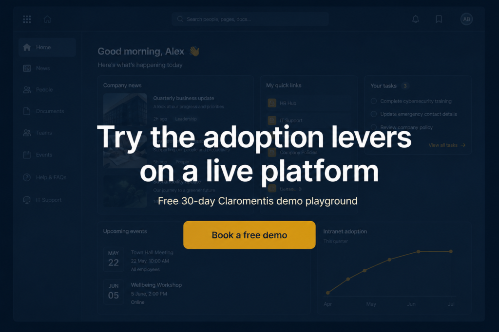 Techspire IT call to action inviting UK SMEs to book a free 30-day Claromentis demo playground.