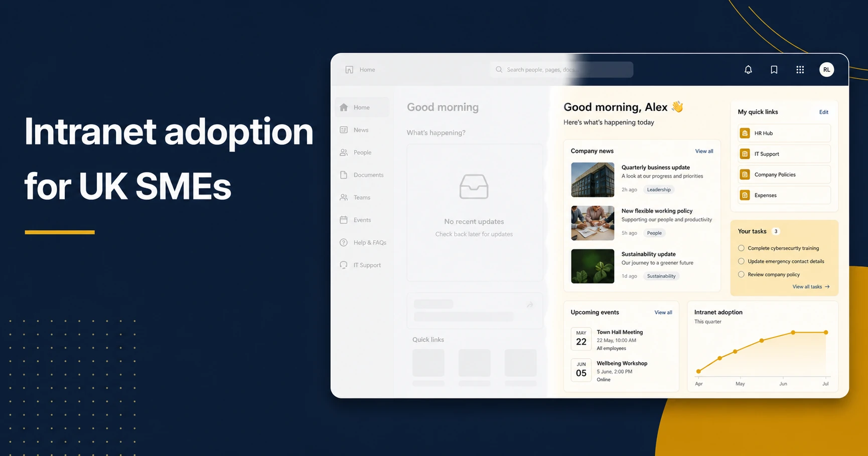 Intranet adoption for UK SMEs: a personalised intranet homepage with news, quick links, staff tasks and a rising quarterly adoption chart.