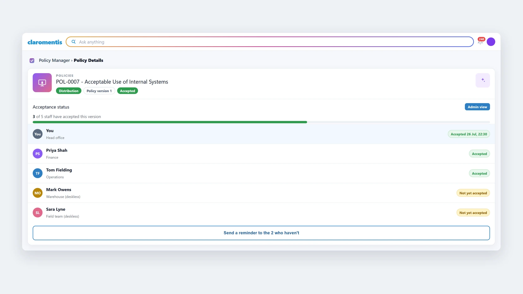 The Claromentis Policy Manager acceptance status screen listing which staff have accepted a policy version, with dates, and who has not.