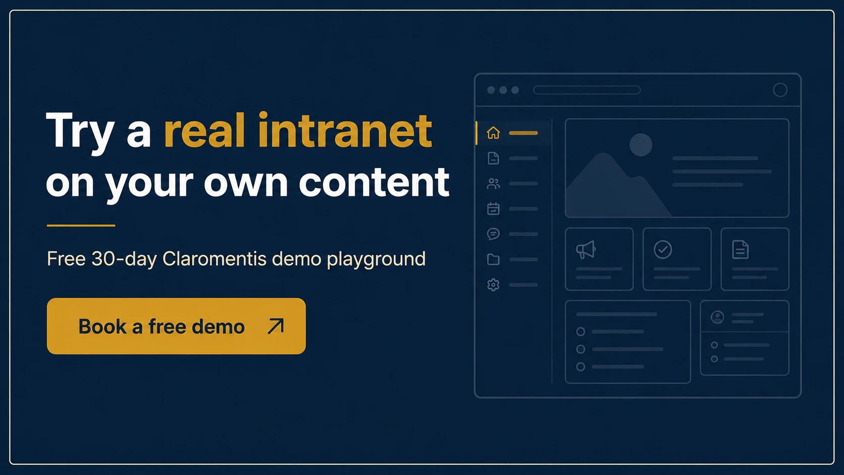 A navy and gold banner inviting UK SMEs to book a free 30-day Claromentis demo playground.