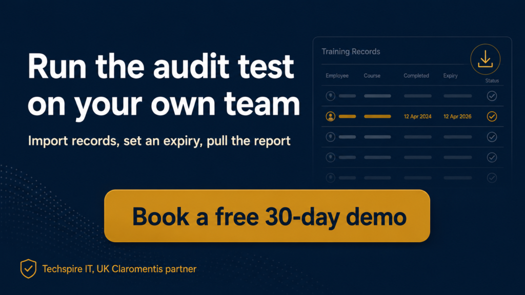 Techspire IT banner inviting UK SMEs to test training record tracking in a free 30-day Claromentis demo playground