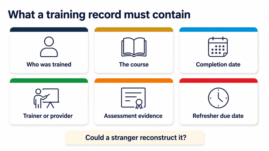 The six fields a compliant employee training record needs: employee name, course, completion date, trainer or provider, assessment evidence and refresher due date
