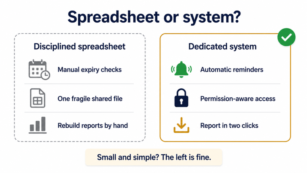 Side-by-side comparison of tracking employee training records in a spreadsheet versus a dedicated system with automatic expiry reminders and audit-ready reports
