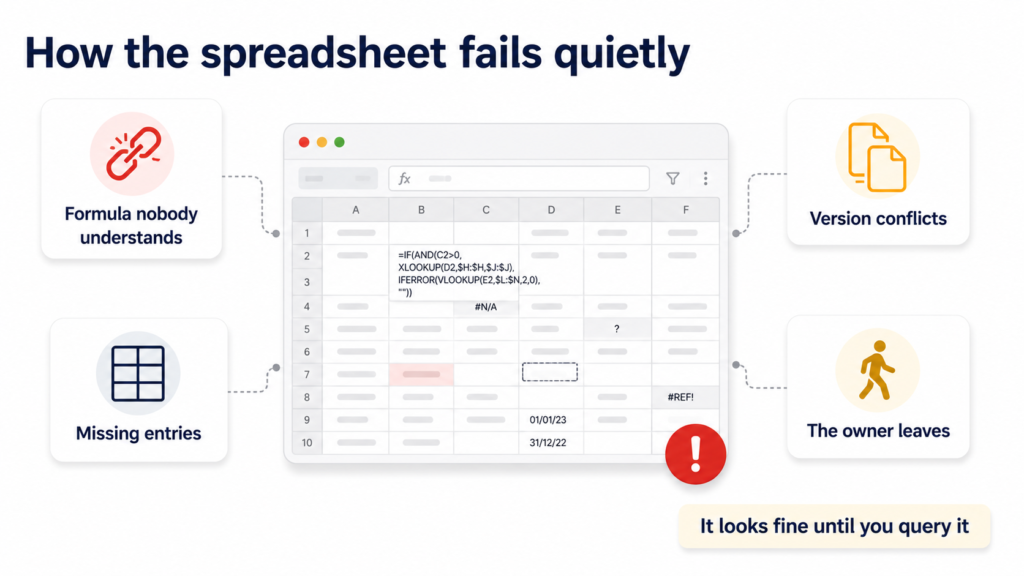 A failing employee training spreadsheet showing a broken expiry formula, conflicting file versions, missing entries and a single owner who has left the business