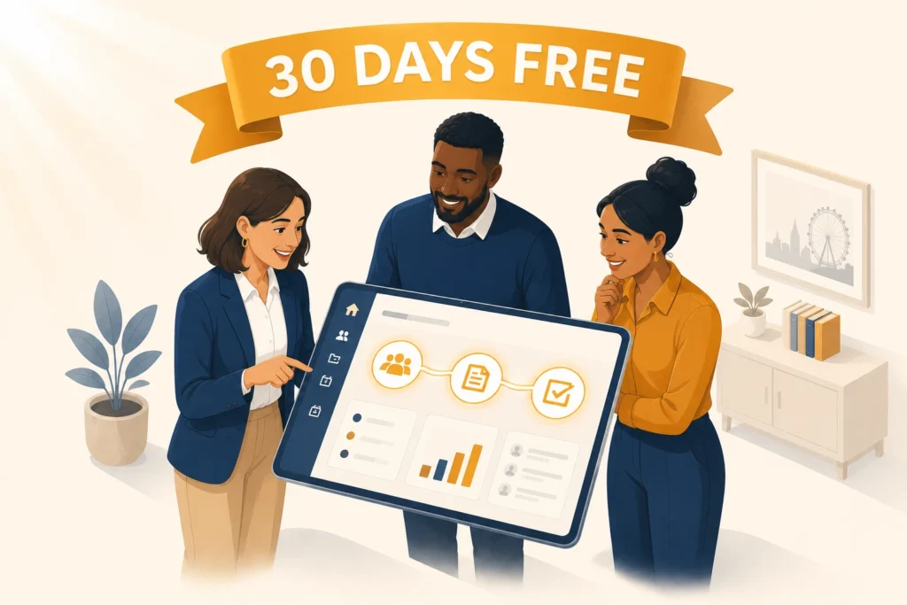 Three diverse UK business professionals exploring a free 30-day Claromentis demo playground on a floating tablet showing intranet, business process automation, and learning management modules