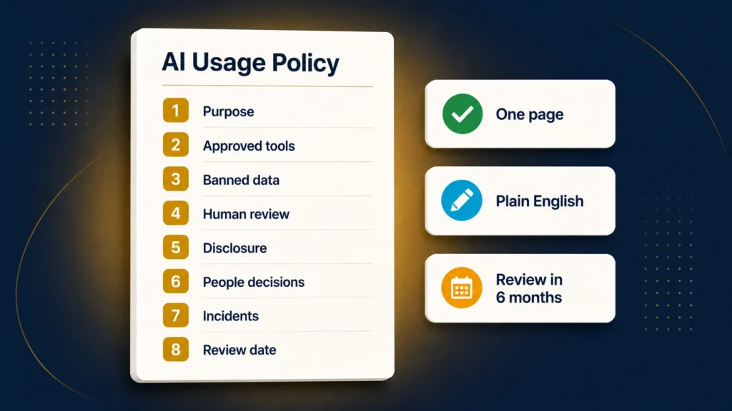 One-page AI usage policy skeleton for a UK SME showing eight numbered sections from approved tools to review date