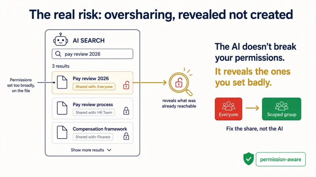 Infographic showing an AI-powered intranet surfacing a file that was already over-shared, making clear the AI reveals existing oversharing rather than creating it, with a before-and-after fix