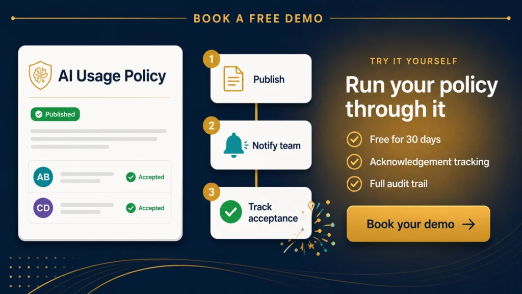 Invitation to try a free 30-day Claromentis demo playground with the AI Policy Manager live for publishing and tracking an AI usage policy
