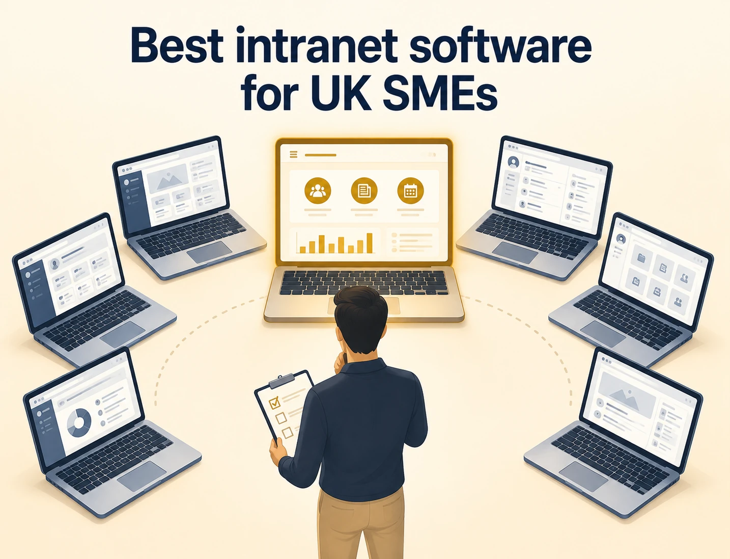 UK business decision-maker reviewing 7 intranet software options on floating laptop screens, with the best-fit platform highlighted in gold