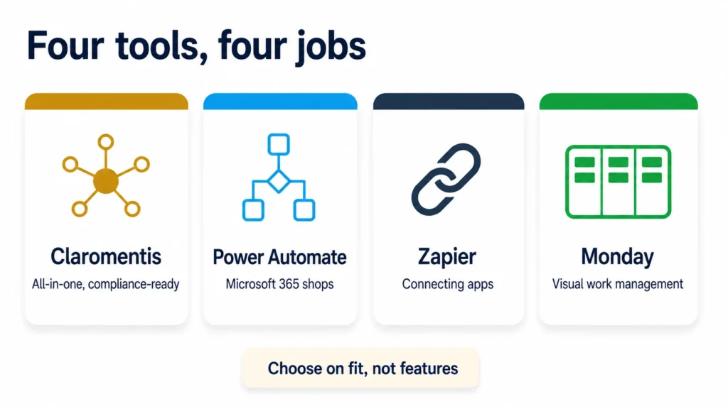 Four business process automation software tools for UK businesses compared by best fit: Claromentis, Power Automate, Zapier and Monday