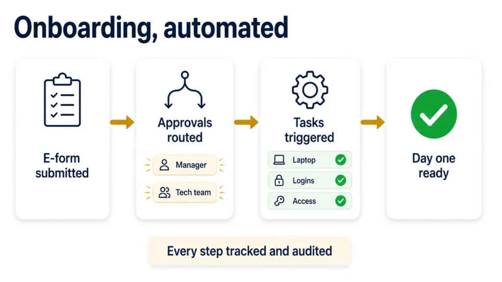 An employee onboarding process automated as e-forms, staged approvals and triggered IT tasks so a new starter is ready on day one