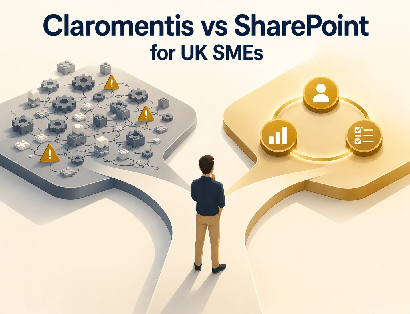 UK business decision-maker at a fork between a tangled SharePoint architecture and a unified Claromentis digital workplace, with the Claromentis path glowing in gold