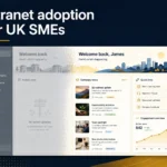 Intranet adoption for UK SMEs: a personalised intranet homepage with news, quick links, staff tasks and a rising quarterly adoption chart.