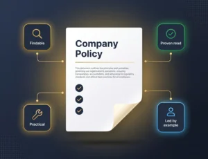 A UK SME policy document shown alongside four icons for findable, proven read, practical and leader-modelled