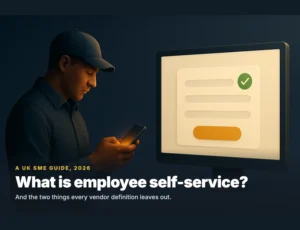 Employee self-service shown as a staff member finding an answer on a phone, alongside a traditional HR portal form