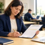 An office manager reviewing a one-page record for an AI agent, with its owner, its job and who may use it, showing AI agent governance in a smaller organisation