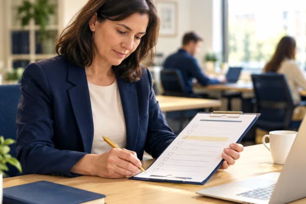 An office manager reviewing a one-page record for an AI agent, with its owner, its job and who may use it, showing AI agent governance in a smaller organisation