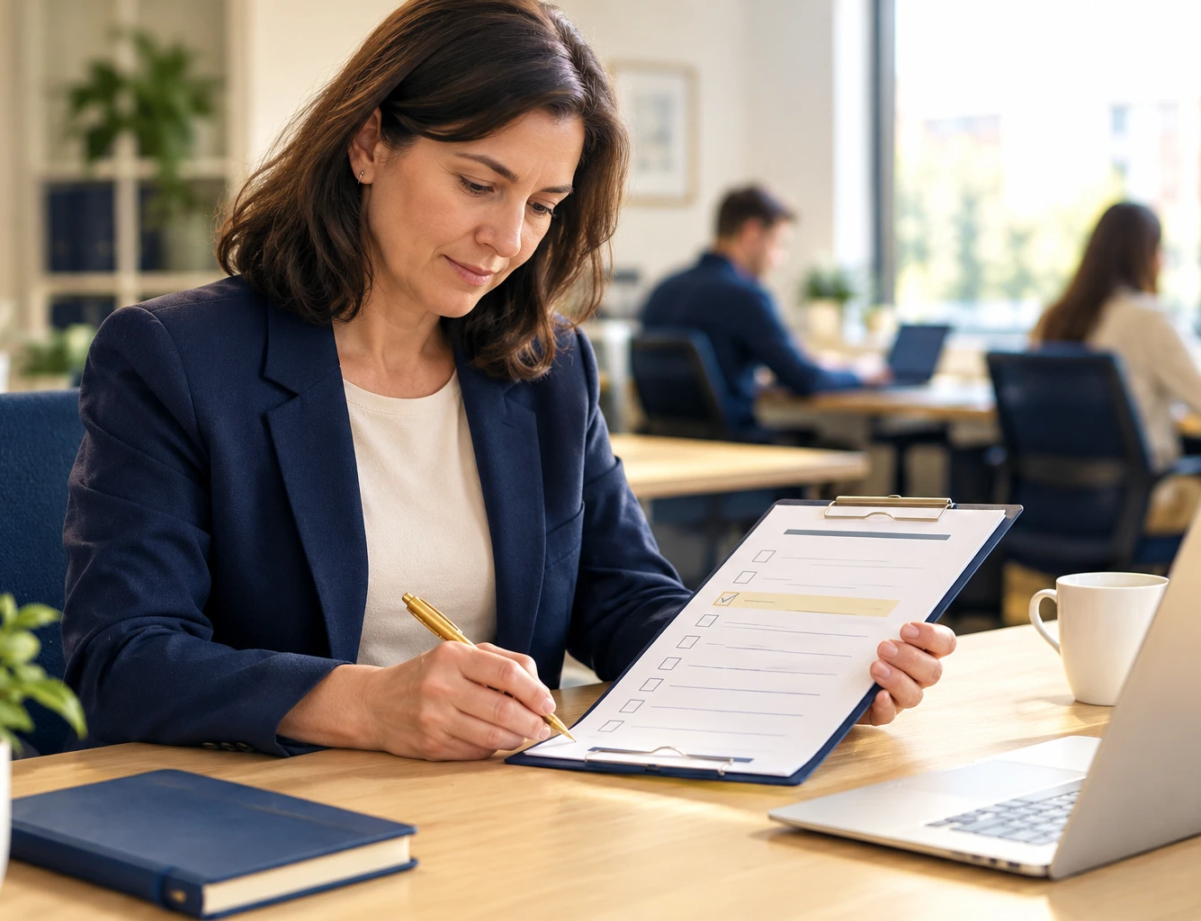 An office manager reviewing a one-page record for an AI agent, with its owner, its job and who may use it, showing AI agent governance in a smaller organisation