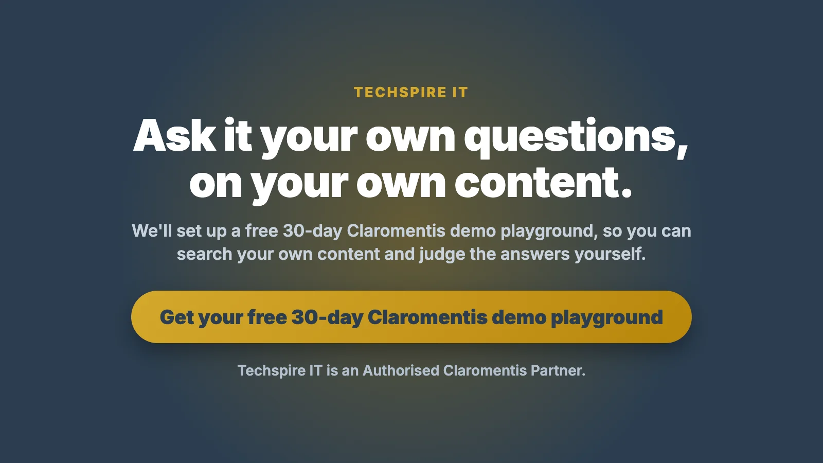 Invitation to try a free 30-day Claromentis demo playground and ask an AI knowledge base questions from your own content