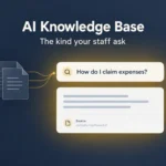 An AI knowledge base for internal teams, shown as a staff question answered from the company's own documents with the source linked beneath
