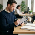 A buyer working through a list of questions to ask intranet vendors, marking each answer as clear, vague or not answered