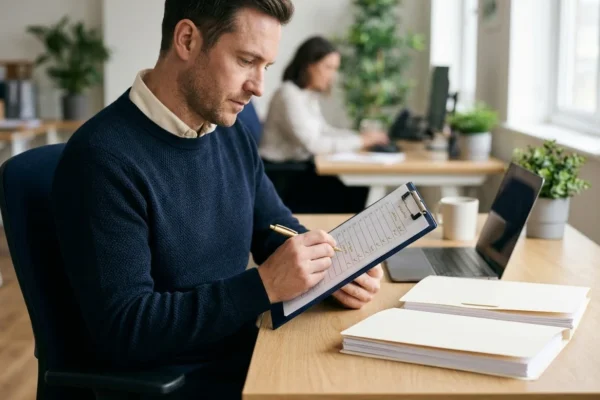 A buyer working through a list of questions to ask intranet vendors, marking each answer as clear, vague or not answered