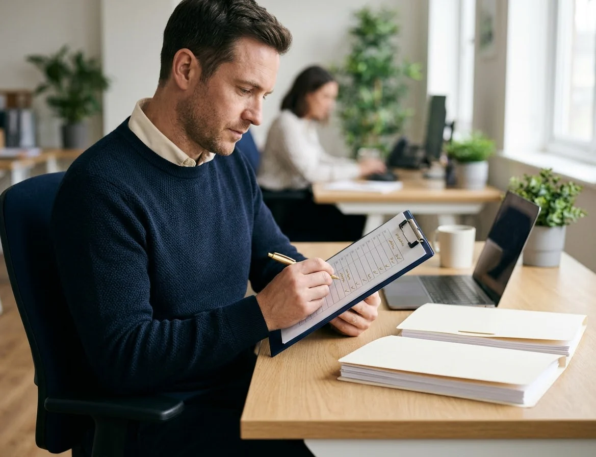 A buyer working through a list of questions to ask intranet vendors, marking each answer as clear, vague or not answered